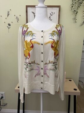 Aratta Silent Journey Embroidered Crane Ivory Button-Front Cardigan Boho Artisan